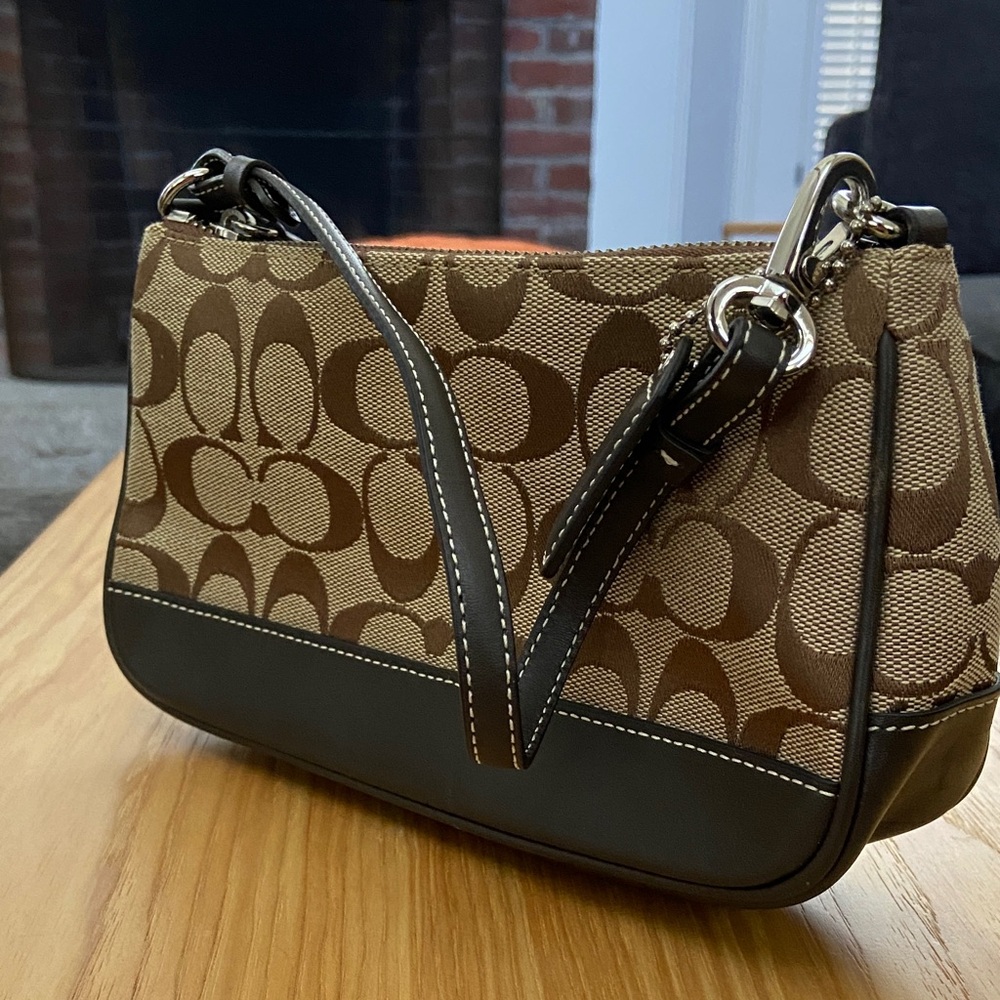 Vintage Y2K Coach Brown and Tan Women's Monogram Demi Pouch Mini Shoulder Bag